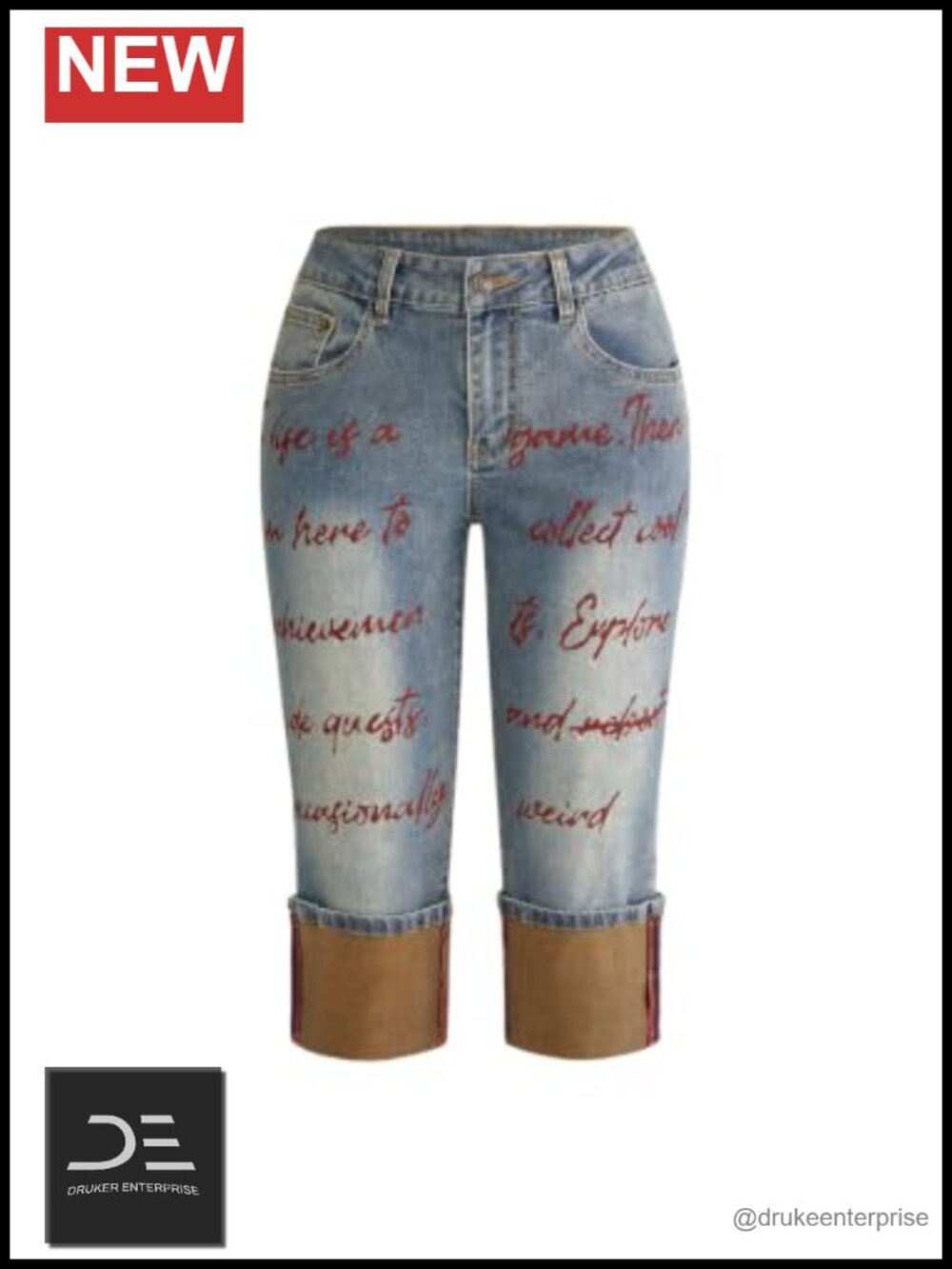 Y2K Letter Print Low Rise Cuffed Capri Jeans Stretchy Denim Pants